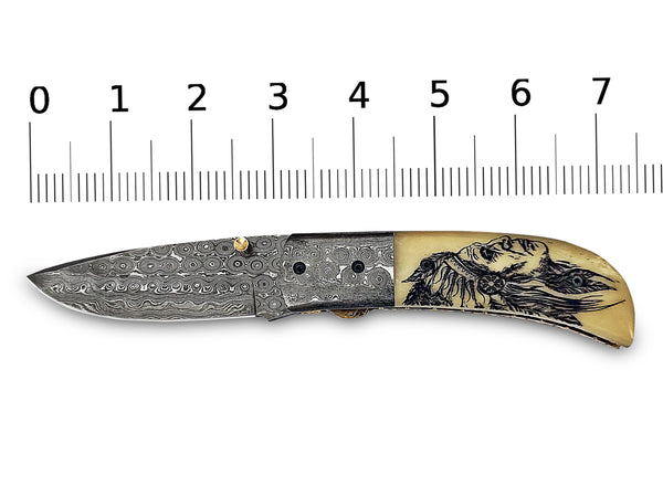 Native American Scrimshaw on Camel Bone Red Indian Folding Pocket Knife Drop Point with Damascus Bolster Custom Handcrafted Damascus Steel 7.50 inches with Leather Sheath Great Gift for Your Loved Ones CLKFOL1115