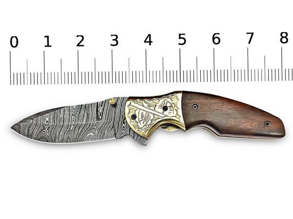 Folding Pocket Knife Walnut Wood Handle and Engraved Brass Bolster 8.0 inches Custom Handcrafted Damascus Steel with Leather Sheath Perfect Gift for Your Loved Ones CLKFOL1105