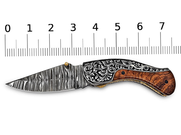 Pocket Knife Folding Knife Liner Lock Hand Engraved Steel and Olive Wood Handle 7.50 inches Custom Handcrafted Damascus Steel with Leather Sheath Perfect Gift CLKFOL1114