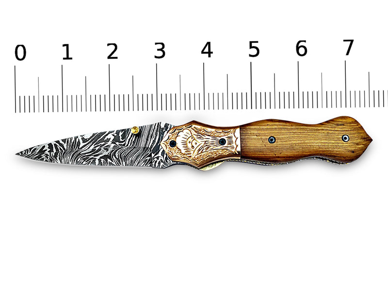 Folding Pocket Knife Dagger Custom Handcrafted Damascus Steel 7.5 inches Olive Burl Wood Handle and Engraved Copper Bolster with Leather Sheath Perfect Gift for All Occasions CLKFOL1102