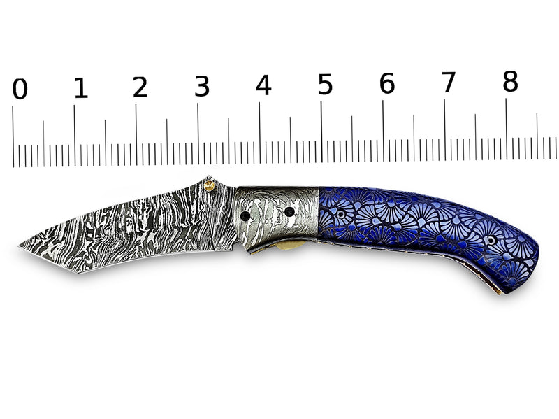 Alien Graphic Laser Engraving on Blue Colored Camel Bone Folding Pocket Knife Tanto with Damascus Bolster Custom Handcrafted Damascus Steel 8.50 inches with Leather Sheath Great Gift for Space Lovers and Camping CLKFOL1124