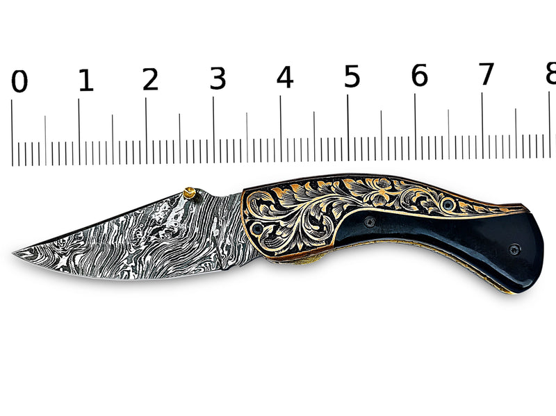 Hand Engraved Copper Bolster Folding Pocket Knife and Buffalo Horn Handle 8.00 inches Custom Handcrafted Damascus Steel with Leather Sheath Perfect Gift for Your Loved Ones CLKFOL1117