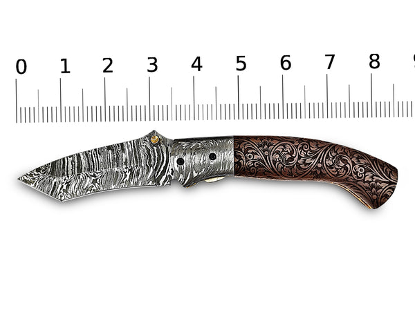 Hand Engraving on Walnut Wood Tanto Folding Pocket Knife and Damascus Bolster 8.50 inches Custom Handcrafted Damascus Steel with Leather Sheath Perfect Gift for All Times CLKFOL1118