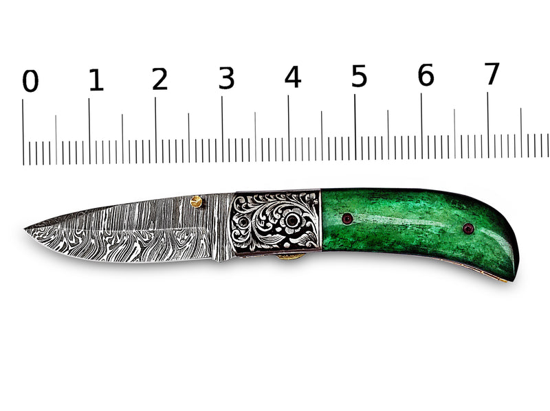 Hand Engraved Steel Bolster Folding Pocket Knife Green Colored Camel Bone Handle Custom Handcrafted Damascus Steel 7.50 inches with Leather Sheath Perfect Gift for All Occasions CLKFOL1116