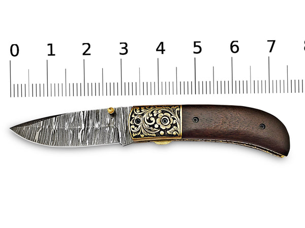 Hand Engraved Brass Bolster Folding Pocket Knife and Walnut Wood Handle 7.50 inches Custom Handcrafted Damascus Steel with Leather Sheath Perfect Gift for Your Loved Ones CLKFOL1109