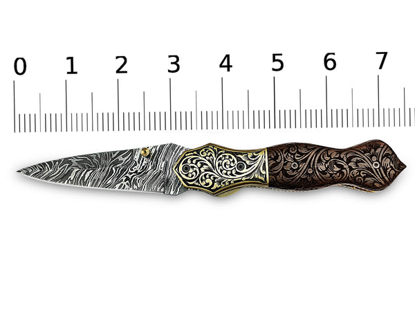 Hand Engraved Brass Bolster and Walnut Burl Wood Folding Pocket Knife Dagger Custom Handcrafted Damascus Steel 7.5 inches with Leather Sheath Perfect Gift for Art Lovers and Collectors CLKFOL1122