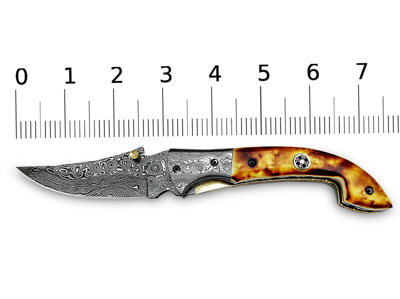 Burnt Camel Bone Folding Pocket Knife with Damascus Bolster Drop Point Mosaic Pin Custom Handcrafted Damascus Steel 7.75 inches with Leather Sheath CLKFOL1119