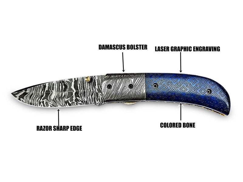 Alien Graphic Laser Engraving on Blue Colored Camel Bone Folding Pocket Knife Drop Point with Damascus Bolster Custom Handcrafted Damascus Steel 7.50 inches with Leather Sheath Great Gift for Space and Art Lovers CLKFOL1121