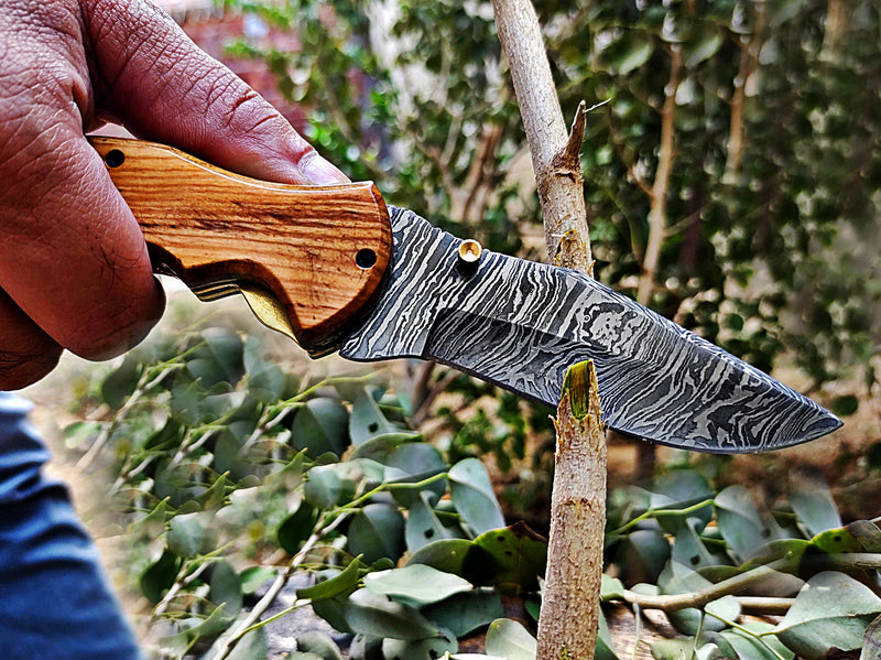 Folding Pocket Knife Damascus Steel 8.0 inches Custom Handcrafted Olive Burl Wood Handle with Leather Sheath Perfect Gift for All Occasions CLKFOL1104