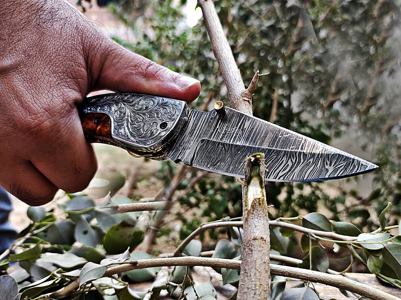 Pocket Knife Folding Knife Liner Lock Hand Engraved Steel and Olive Wood Handle 7.50 inches Custom Handcrafted Damascus Steel with Leather Sheath Perfect Gift CLKFOL1114