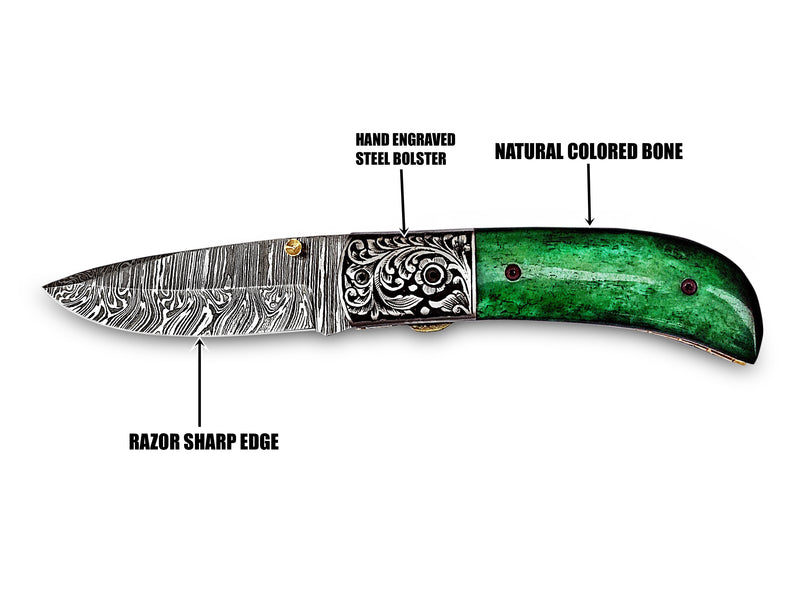 Hand Engraved Steel Bolster Folding Pocket Knife Green Colored Camel Bone Handle Custom Handcrafted Damascus Steel 7.50 inches with Leather Sheath Perfect Gift for All Occasions CLKFOL1116