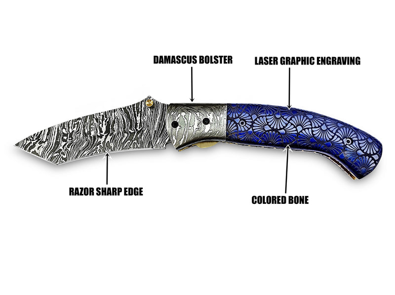 Alien Graphic Laser Engraving on Blue Colored Camel Bone Folding Pocket Knife Tanto with Damascus Bolster Custom Handcrafted Damascus Steel 8.50 inches with Leather Sheath Great Gift for Space Lovers and Camping CLKFOL1124