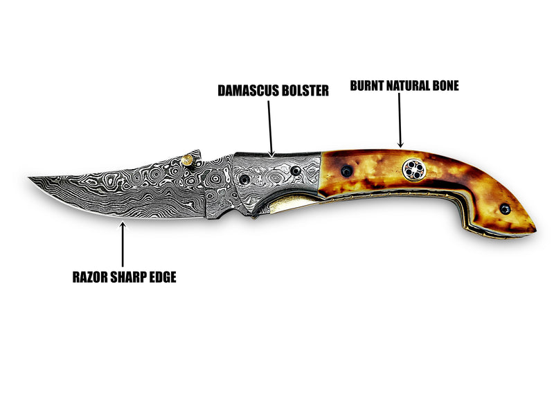 Burnt Camel Bone Folding Pocket Knife with Damascus Bolster Drop Point Mosaic Pin Custom Handcrafted Damascus Steel 7.75 inches with Leather Sheath CLKFOL1119