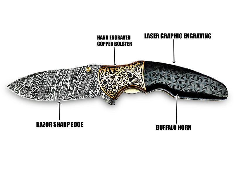 Alien Graphic Laser Engraving on Buffalo Horn Folding Pocket Knife Drop Point with Hand Engraving on Copper Bolster Custom Handcrafted Damascus Steel 8.00 inches with Leather Sheath Great Gift for Space Lovers and Outdoor Enthusiasts CLKFOL1123