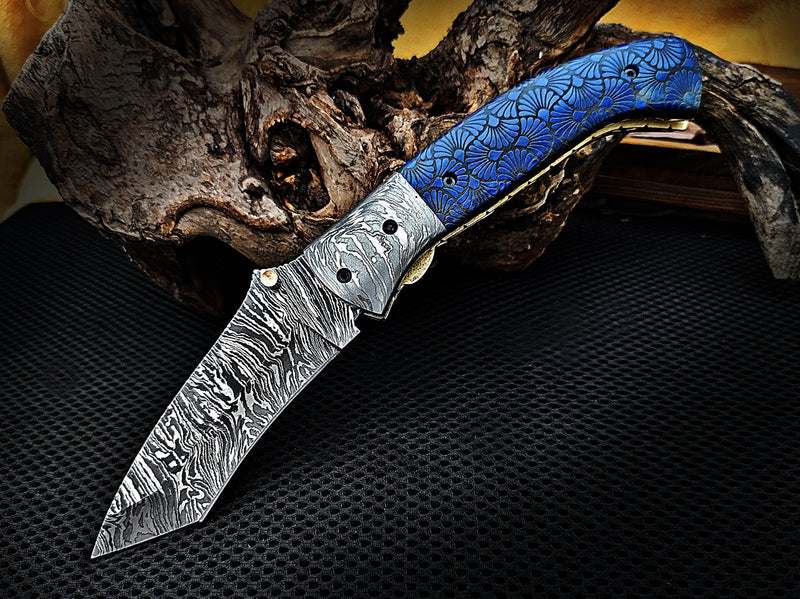 Alien Graphic Laser Engraving on Blue Colored Camel Bone Folding Pocket Knife Tanto with Damascus Bolster Custom Handcrafted Damascus Steel 8.50 inches with Leather Sheath Great Gift for Space Lovers and Camping CLKFOL1124