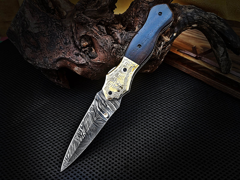 Folding Pocket Knife Dagger Custom Handcrafted Damascus Steel 7.5 inches Walnut Burl Wood Handle and Engraved Brass Bolster with Leather Sheath Perfect Gift for All Occasions CLKFOL1107