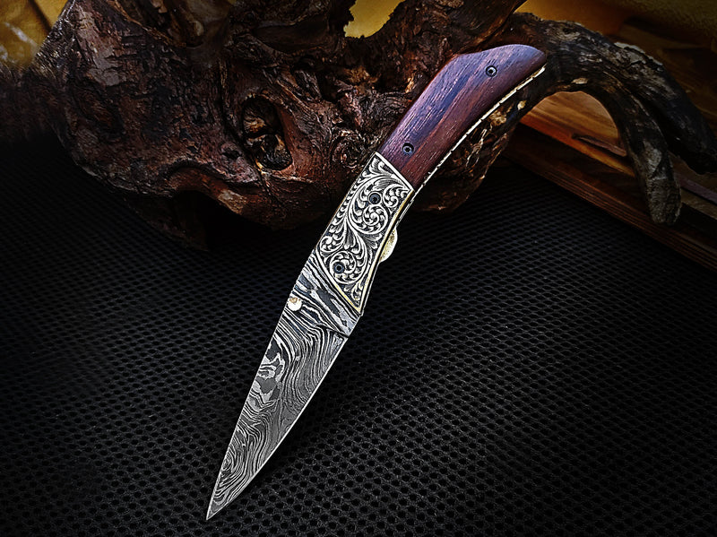 Folding Pocket Knife Liner Lock Hand Engraved Brass Bolster and Walnut Wood Handle 7.50 inches Custom Handcrafted Damascus Steel with Leather Sheath Perfect Gift for Everyone CLKFOL1112