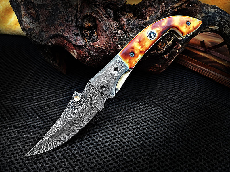 Burnt Camel Bone Folding Pocket Knife with Damascus Bolster Drop Point Mosaic Pin Custom Handcrafted Damascus Steel 7.75 inches with Leather Sheath CLKFOL1119