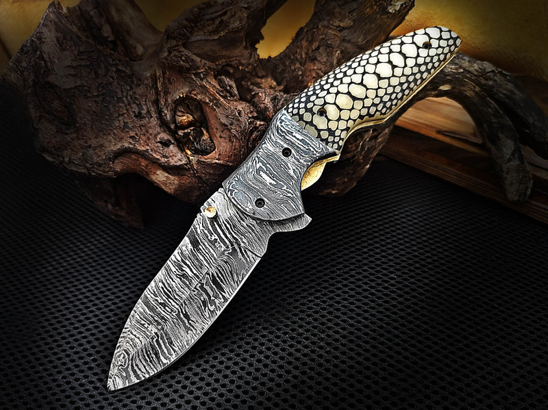 Scrimshaw on Camel Bone As Snake Skin Folding Pocket Knife with Damascus Bolster Drop Point Custom Handcrafted Damascus Steel 8.00 inches with Leather Sheath CLKFOL1113