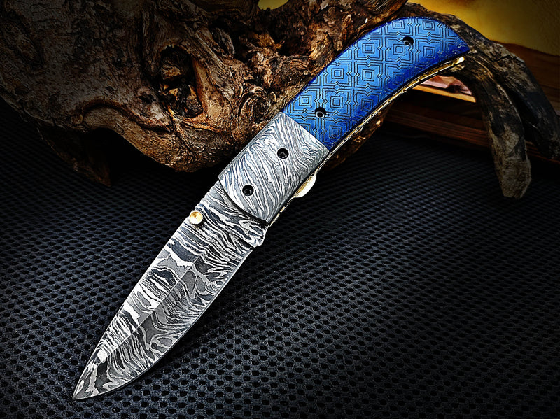 Alien Graphic Laser Engraving on Blue Colored Camel Bone Folding Pocket Knife Drop Point with Damascus Bolster Custom Handcrafted Damascus Steel 7.50 inches with Leather Sheath Great Gift for Space and Art Lovers CLKFOL1121