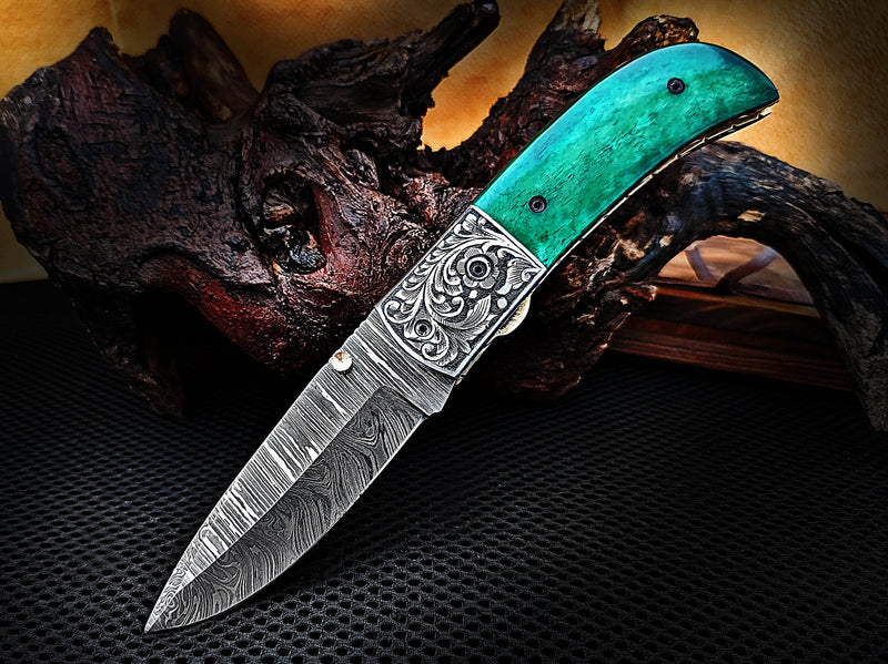 Hand Engraved Steel Bolster Folding Pocket Knife Green Colored Camel Bone Handle Custom Handcrafted Damascus Steel 7.50 inches with Leather Sheath Perfect Gift for All Occasions CLKFOL1116