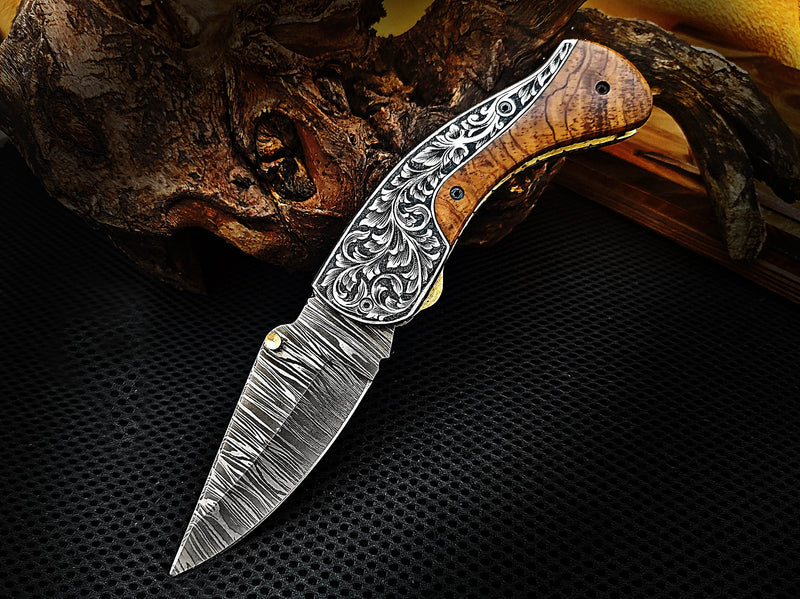 Pocket Knife Folding Knife Liner Lock Hand Engraved Steel and Olive Wood Handle 7.50 inches Custom Handcrafted Damascus Steel with Leather Sheath Perfect Gift CLKFOL1114