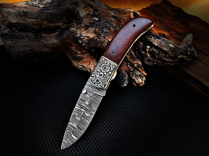 Hand Engraved Brass Bolster Folding Pocket Knife and Walnut Wood Handle 7.50 inches Custom Handcrafted Damascus Steel with Leather Sheath Perfect Gift for Your Loved Ones CLKFOL1109