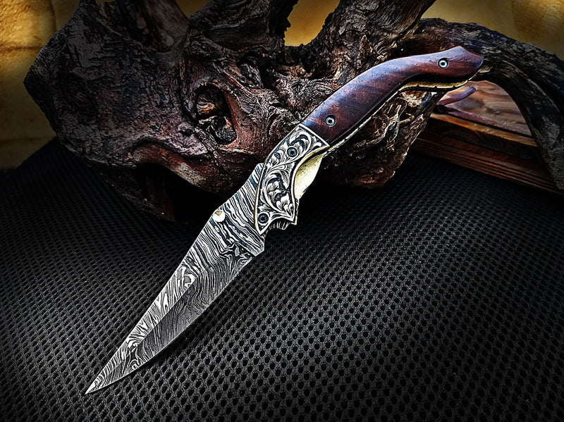 Folding Pocket Knife Hand Engraved Brass Bolster and Walnut Wood Handle 8.00 inches Custom Handcrafted Damascus Steel with Leather Sheath Perfect Gift for Your Loved Ones CLKFOL1111