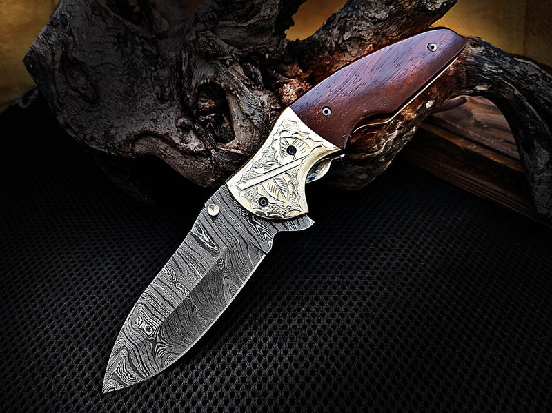 Folding Pocket Knife Walnut Wood Handle and Engraved Brass Bolster 8.0 inches Custom Handcrafted Damascus Steel with Leather Sheath Perfect Gift for Your Loved Ones CLKFOL1105