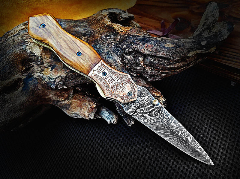 Folding Pocket Knife Dagger Custom Handcrafted Damascus Steel 7.5 inches Olive Burl Wood Handle and Engraved Copper Bolster with Leather Sheath Perfect Gift for All Occasions CLKFOL1102