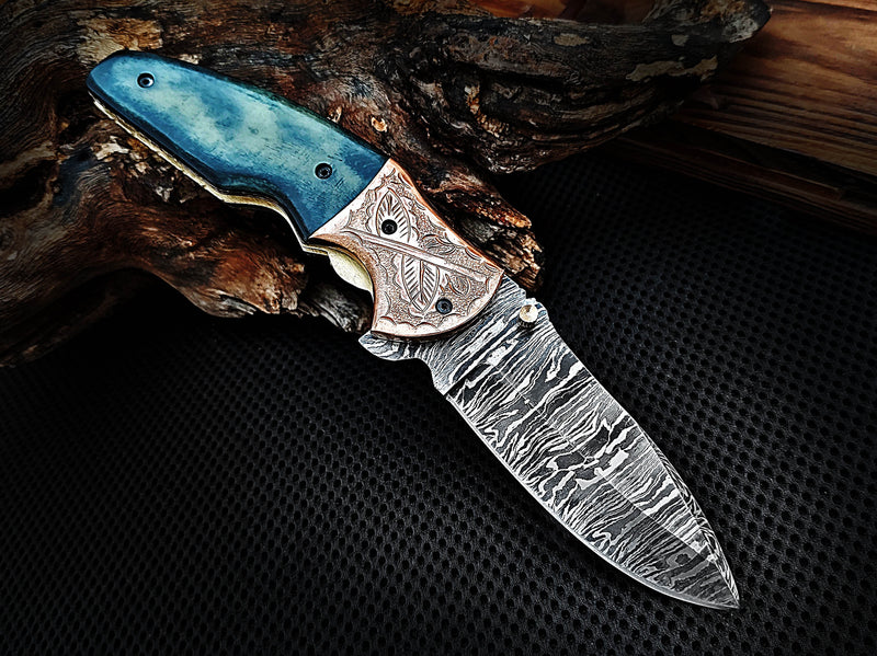 Custom Handcrafted Damascus Steel Folding Pocket Knife 8.0 inches Colored Camel Bone Handle and Engraved Copper Bolster with Leather Sheath Perfect Gift for All Occasions CLKFOL1101