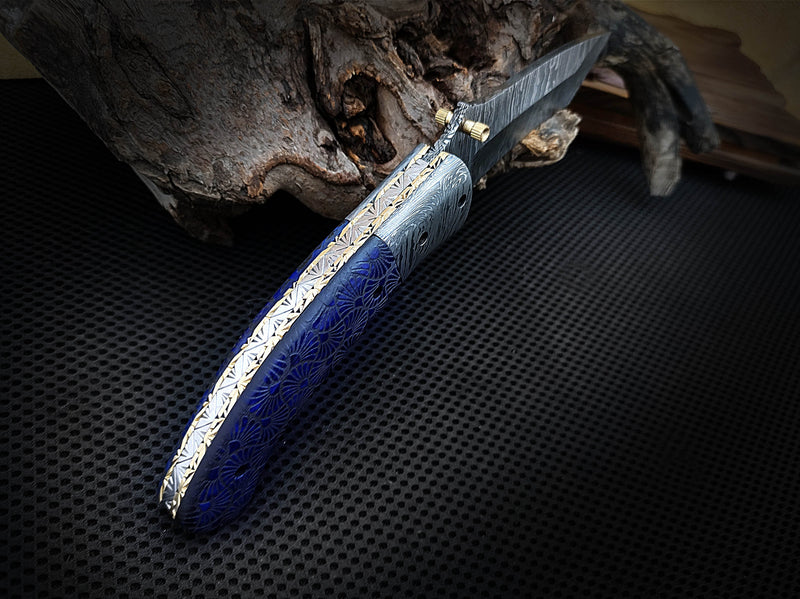 Alien Graphic Laser Engraving on Blue Colored Camel Bone Folding Pocket Knife Tanto with Damascus Bolster Custom Handcrafted Damascus Steel 8.50 inches with Leather Sheath Great Gift for Space Lovers and Camping CLKFOL1124