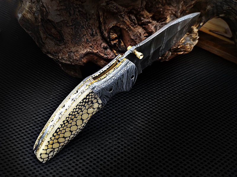 Scrimshaw on Camel Bone As Snake Skin Folding Pocket Knife with Damascus Bolster Drop Point Custom Handcrafted Damascus Steel 8.00 inches with Leather Sheath CLKFOL1113