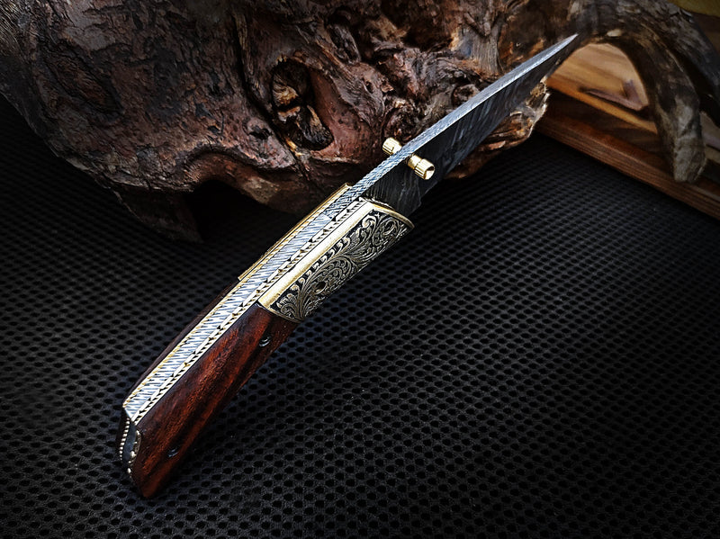 Folding Pocket Knife Liner Lock Hand Engraved Brass Bolster and Walnut Wood Handle 7.50 inches Custom Handcrafted Damascus Steel with Leather Sheath Perfect Gift for Everyone CLKFOL1112