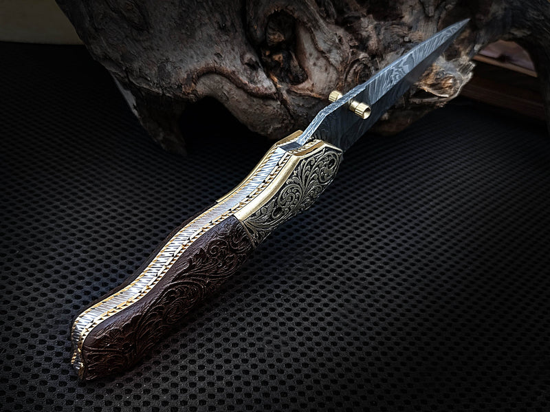 Hand Engraved Brass Bolster and Walnut Burl Wood Folding Pocket Knife Dagger Custom Handcrafted Damascus Steel 7.5 inches with Leather Sheath Perfect Gift for Art Lovers and Collectors CLKFOL1122