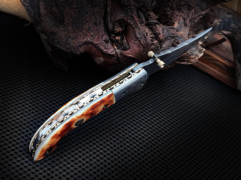 Burnt Camel Bone Folding Pocket Knife with Damascus Bolster Drop Point Mosaic Pin Custom Handcrafted Damascus Steel 7.75 inches with Leather Sheath CLKFOL1119