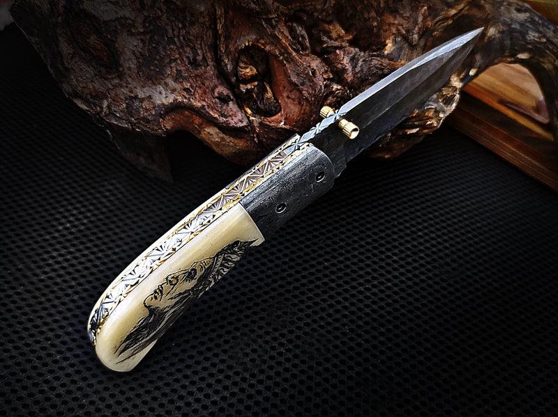 Native American Scrimshaw on Camel Bone Red Indian Folding Pocket Knife Drop Point with Damascus Bolster Custom Handcrafted Damascus Steel 7.50 inches with Leather Sheath Great Gift for Your Loved Ones CLKFOL1115