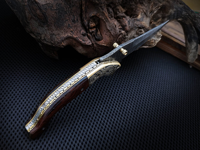 Folding Pocket Knife Hand Engraved Brass Bolster and Walnut Wood Handle 8.00 inches Custom Handcrafted Damascus Steel with Leather Sheath Perfect Gift for Your Loved Ones CLKFOL1111