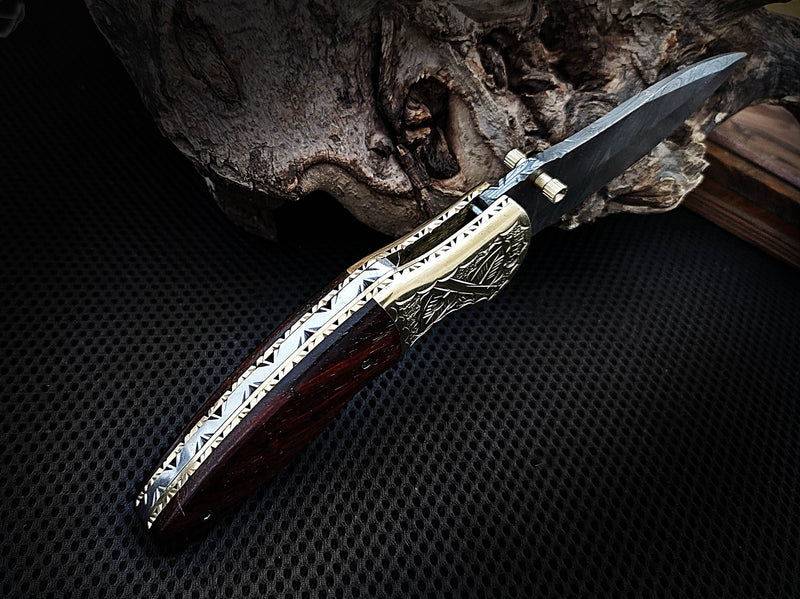 Folding Pocket Knife Walnut Wood Handle and Engraved Brass Bolster 8.0 inches Custom Handcrafted Damascus Steel with Leather Sheath Perfect Gift for Your Loved Ones CLKFOL1105