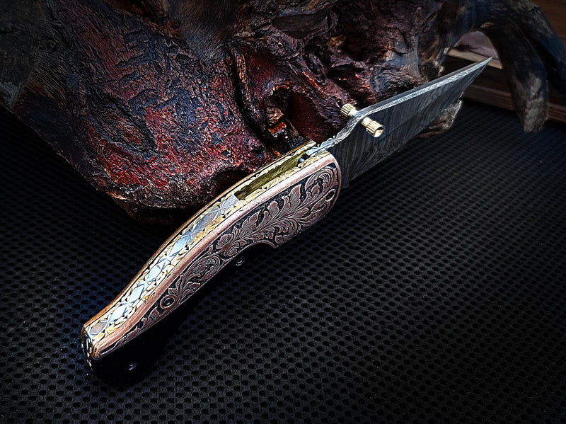 Hand Engraved Copper Bolster Folding Pocket Knife and Buffalo Horn Handle 8.00 inches Custom Handcrafted Damascus Steel with Leather Sheath Perfect Gift for Your Loved Ones CLKFOL1117