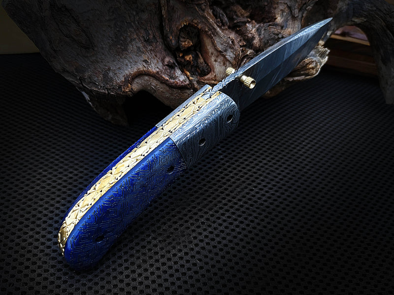 Alien Graphic Laser Engraving on Blue Colored Camel Bone Folding Pocket Knife Drop Point with Damascus Bolster Custom Handcrafted Damascus Steel 7.50 inches with Leather Sheath Great Gift for Space and Art Lovers CLKFOL1121