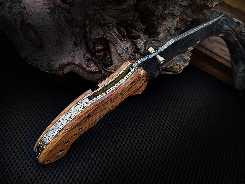 Folding Pocket Knife Damascus Steel 8.0 inches Custom Handcrafted Olive Burl Wood Handle with Leather Sheath Perfect Gift for All Occasions CLKFOL1104