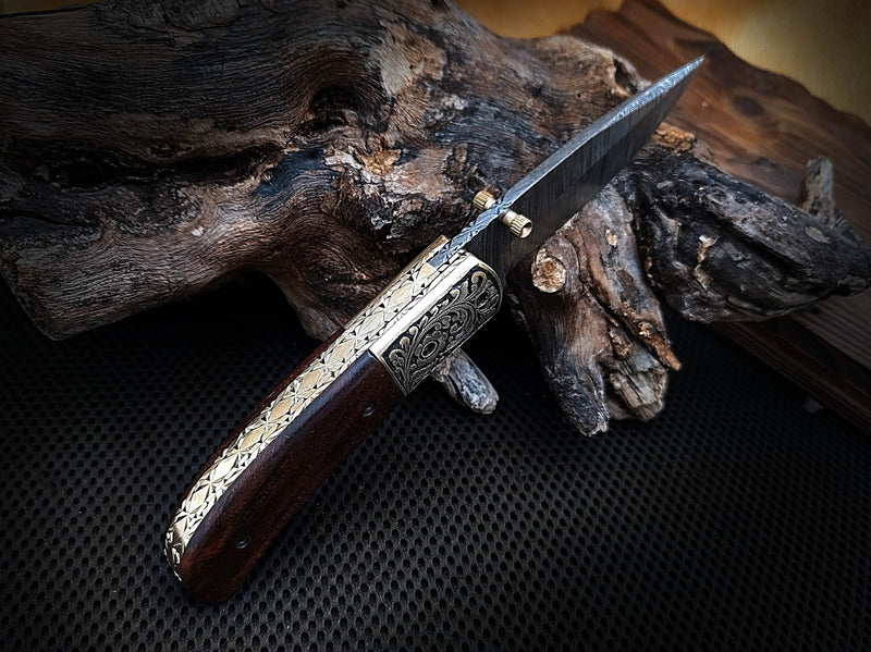 Hand Engraved Brass Bolster Folding Pocket Knife and Walnut Wood Handle 7.50 inches Custom Handcrafted Damascus Steel with Leather Sheath Perfect Gift for Your Loved Ones CLKFOL1109