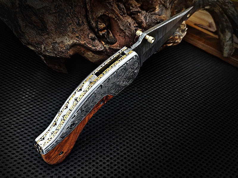 Pocket Knife Folding Knife Liner Lock Hand Engraved Steel and Olive Wood Handle 7.50 inches Custom Handcrafted Damascus Steel with Leather Sheath Perfect Gift CLKFOL1114