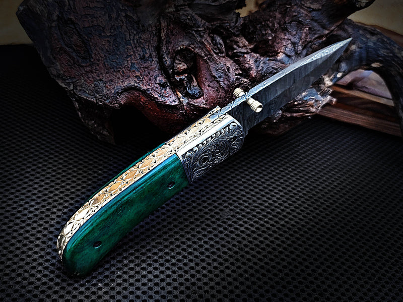 Hand Engraved Steel Bolster Folding Pocket Knife Green Colored Camel Bone Handle Custom Handcrafted Damascus Steel 7.50 inches with Leather Sheath Perfect Gift for All Occasions CLKFOL1116