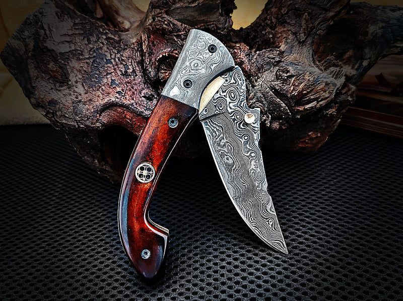 Folding Pocket Knife Walnut Wood with Damascus Bolster Drop Point Mosaic Pin Custom Handcrafted Damascus Steel 7.75 inches with Leather Sheath CLKFOL1120