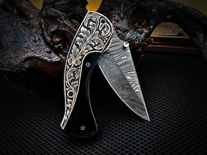 Hand Engraved Copper Bolster Folding Pocket Knife and Buffalo Horn Handle 8.00 inches Custom Handcrafted Damascus Steel with Leather Sheath Perfect Gift for Your Loved Ones CLKFOL1117