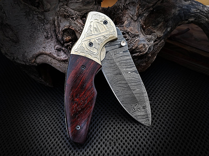 Folding Pocket Knife Walnut Wood Handle and Engraved Brass Bolster 8.0 inches Custom Handcrafted Damascus Steel with Leather Sheath Perfect Gift for Your Loved Ones CLKFOL1105