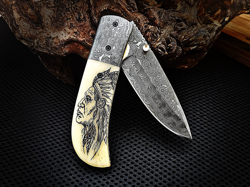 Native American Scrimshaw on Camel Bone Red Indian Folding Pocket Knife Drop Point with Damascus Bolster Custom Handcrafted Damascus Steel 7.50 inches with Leather Sheath Great Gift for Your Loved Ones CLKFOL1115