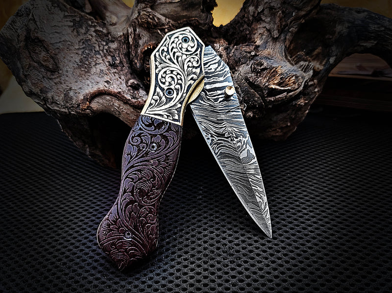 Hand Engraved Brass Bolster and Walnut Burl Wood Folding Pocket Knife Dagger Custom Handcrafted Damascus Steel 7.5 inches with Leather Sheath Perfect Gift for Art Lovers and Collectors CLKFOL1122